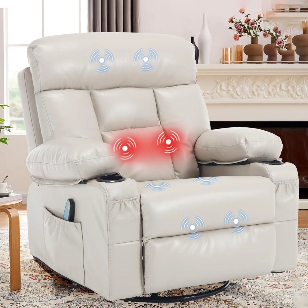 Swivel Rocker Recliner with Heat and Massage, Heated Massaging Reclining Chair with Cup Holders, Faux Leather, Customized