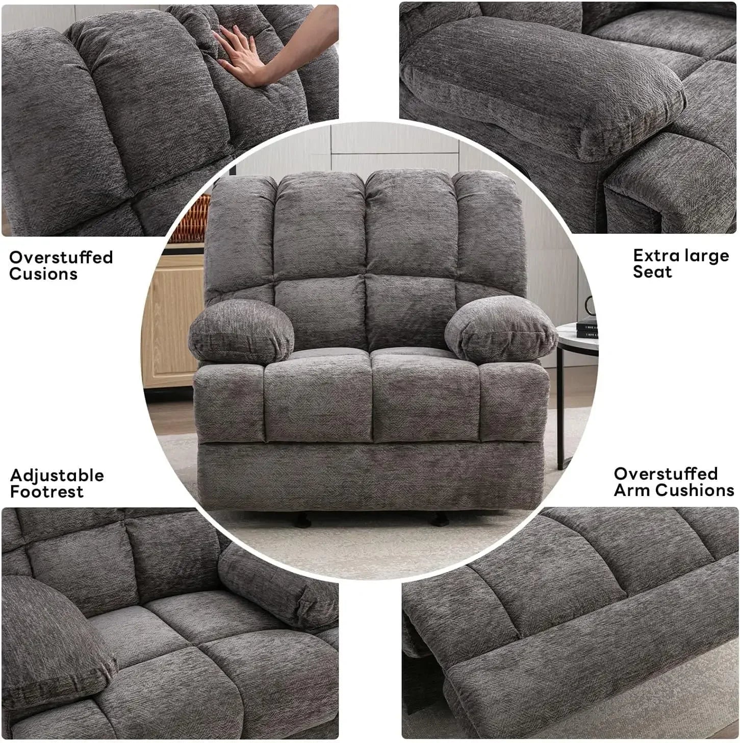 Oversized Recliner Chair, Rocking Recliners, Overstuffed Soft Big Man Manual Rocker Recliner, Extra Large Living Room Chair 350