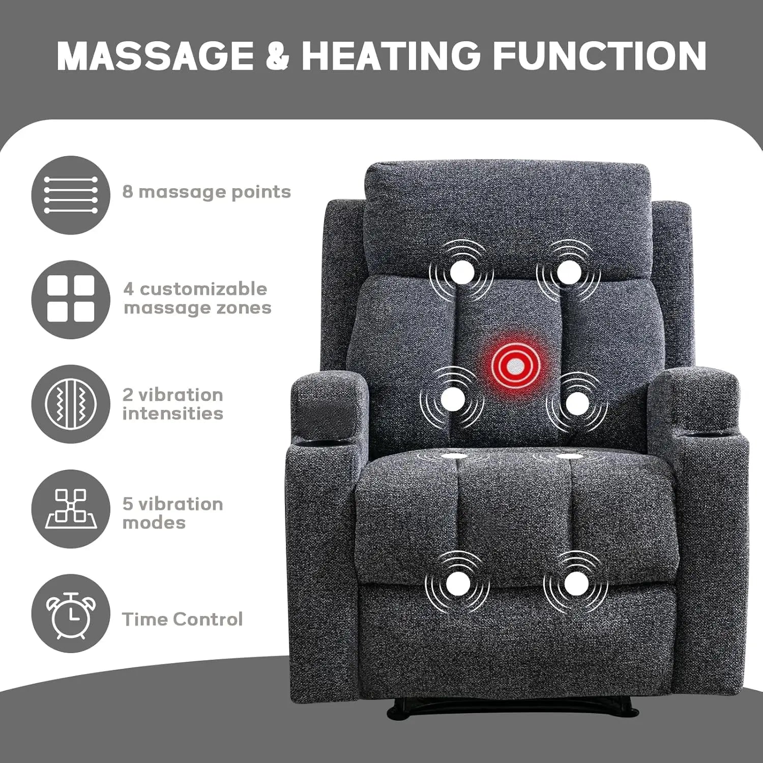 Manual Recliner Chair with Massage and Heat, Soft Fabric Recliner Chair with Overstuffed Arm and Back, Manual Reclining, Custom