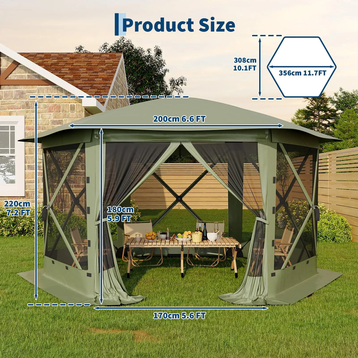Portable Collapsible Gazebo Screen Tent – 6-Sided, 13FT/11FT, Removable Canopy Top, Bite-Proof Mesh, All-Weather Outdoor Shelter for Camping, Patio, Backyard