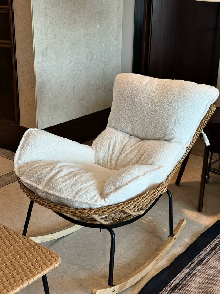 Rattan Rocking Chair for Sleeping Single Recliner Lounge Chair for Living Room Patio Outdoor Relaxing Seat Natural Wicker Rocker
