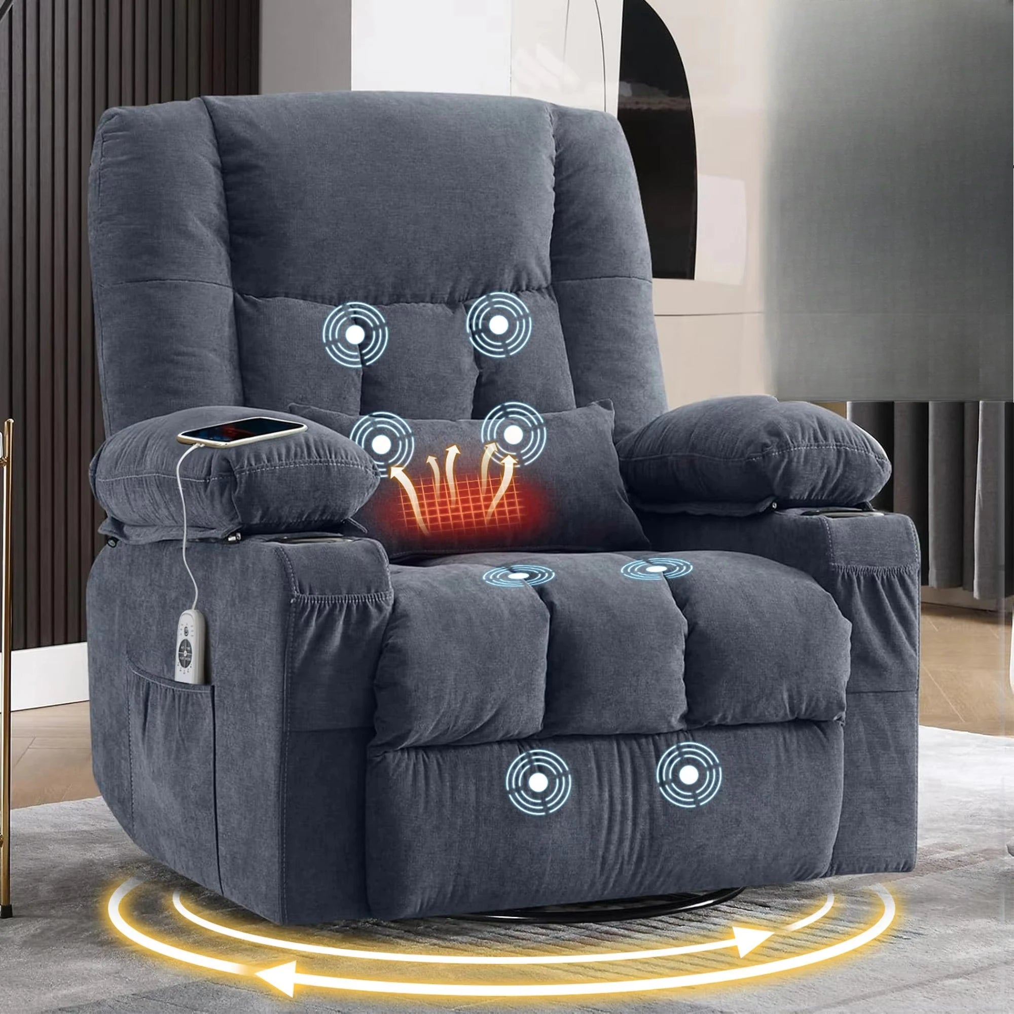 350 Pound Swivel 360° Rocking Massage Heating Recliner Sofa Chair in Anji Rocking Reclining Chair for Adults