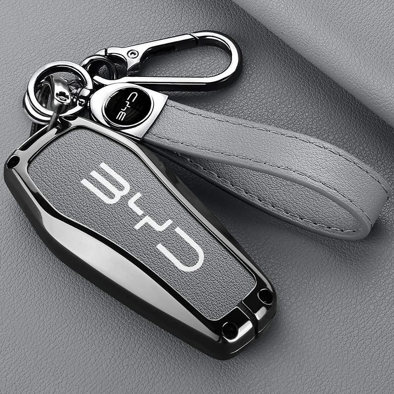 Alloy Leather Car Smart Remote Key Case Cover Emblem Accessories For BYD Song Pro Tang Dmi QIn PLUS MAX Yuan EV Dolphin Seagull