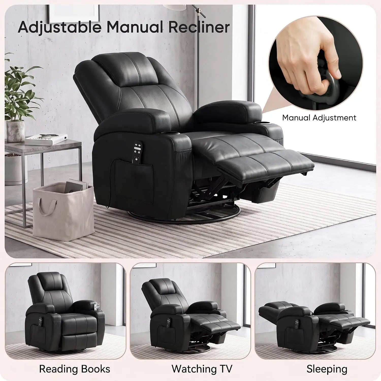 Recliner Chair, 360° Swivel Rocker Chair for Adults, Rocking Recliner Chair with Massage, Comfy Single Sofa with Side, Custom