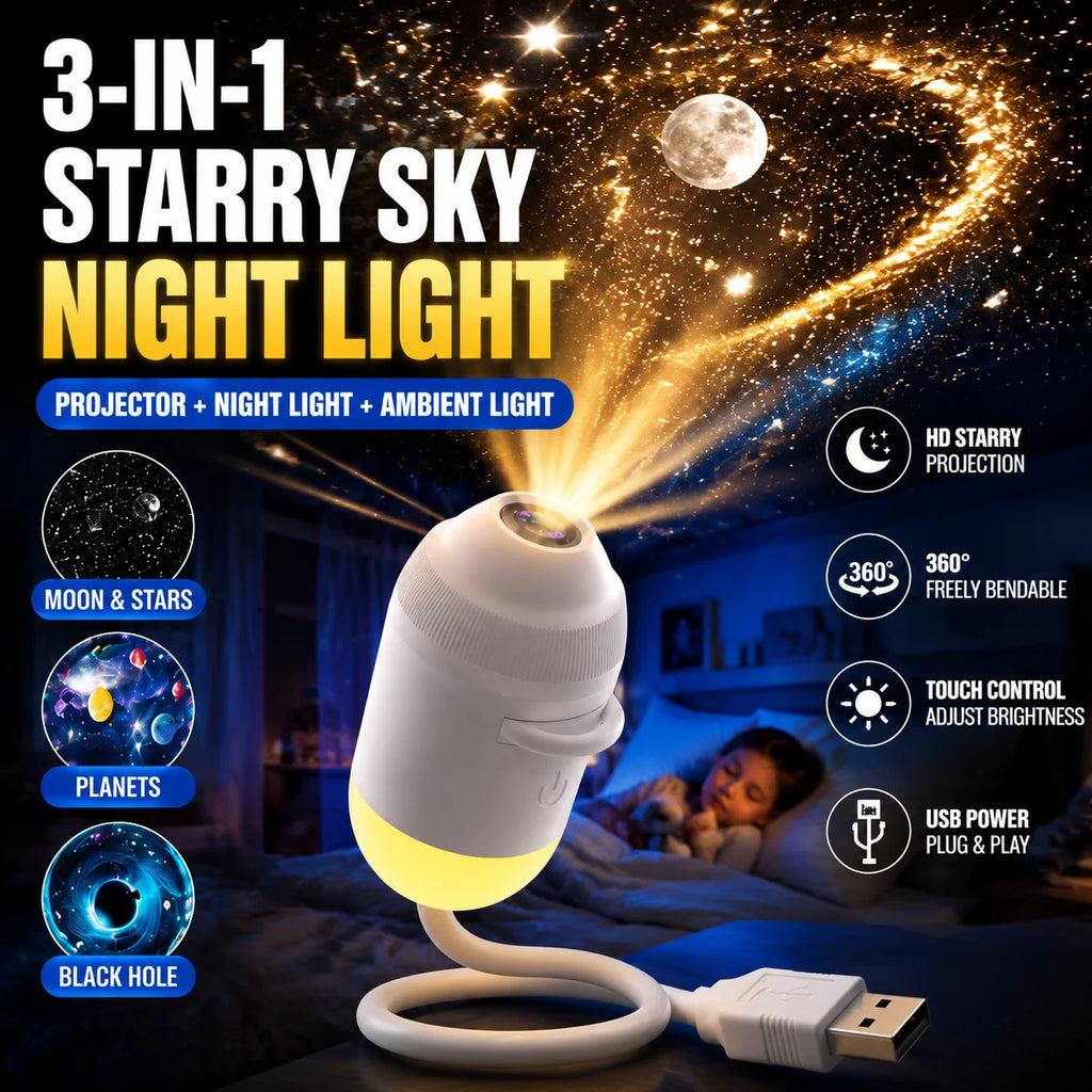 USB Starry Sky Projector Night Light 360° Bendable HD Galaxy Moon Planet Projection Lamp Plug Play Car Bedroom Projector Lamp