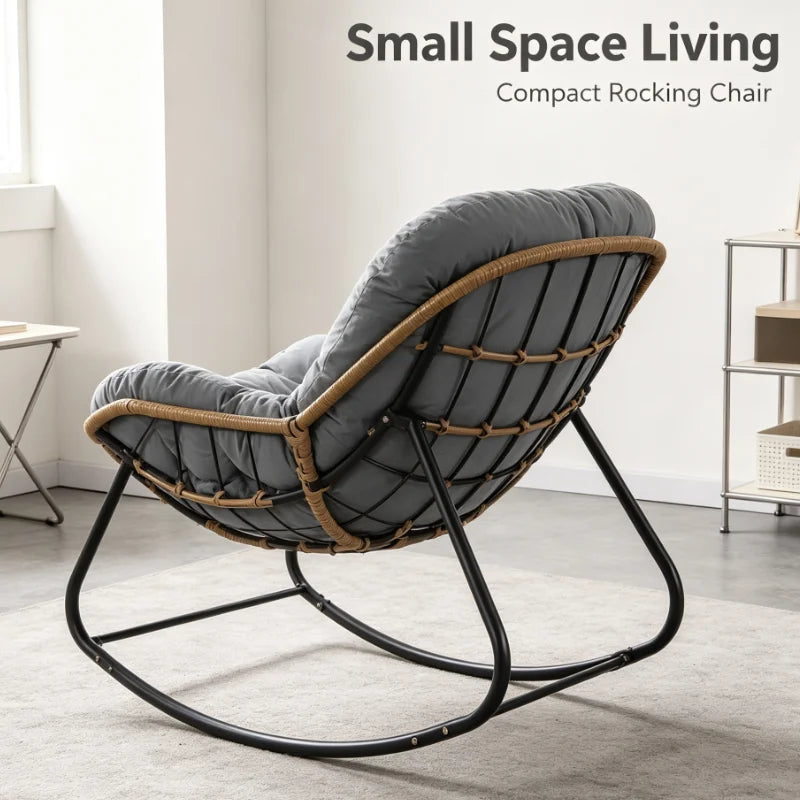 Large Rattan Rocking Chair With Thick Cushion Modern Lounge Seat For Living Room Bedroom Balcony