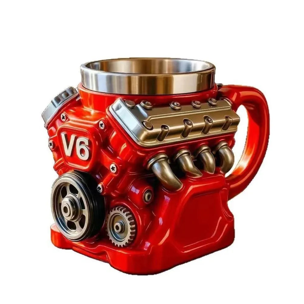 Retro Engine Coffee Mug Double Wall 180ML V8 Engines Stainless Steel Cup with Handle Realistic Design Insulation Car Mug
