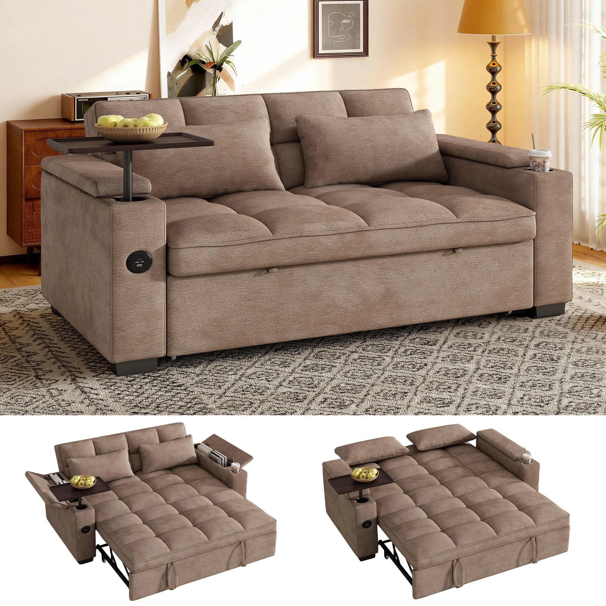 65" 3-in-1 Folding Convertible Sofa Bed with 360° Swivel Side Table, Pull Out Couch USB Charging, Modern Corduroy Chenille, Black