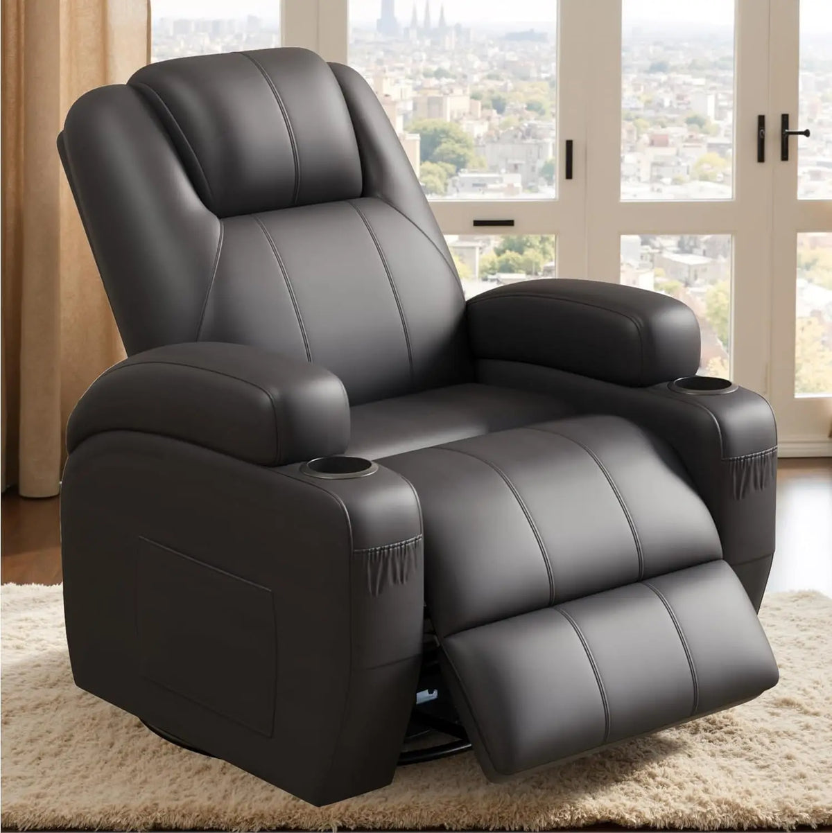 #Swivel Rocker Recliner Chair Vibration Massage 360° Ergonomic Lounge Cup Holders Leather Brown, Customized