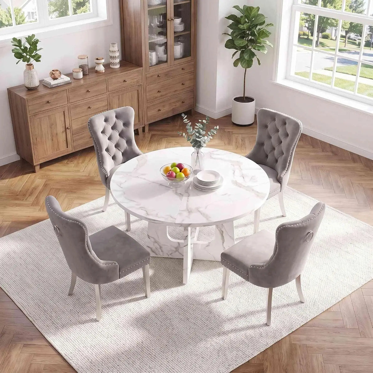 47.2" Round Dining Table Set for 4, Mid-Century Modern Kitchen Table with 4 Upholstered Velveent

47.2" Round Dining Table Set
