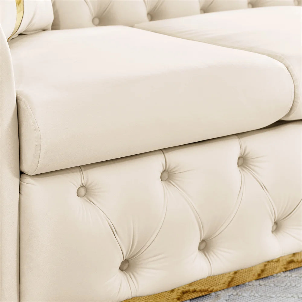#￥Custom Velvet Button Tufted Sofa Couch with 2 Pillows 3 Seater Luxury Chesterfield Sofa Set with Gold Stainless Steel Accents