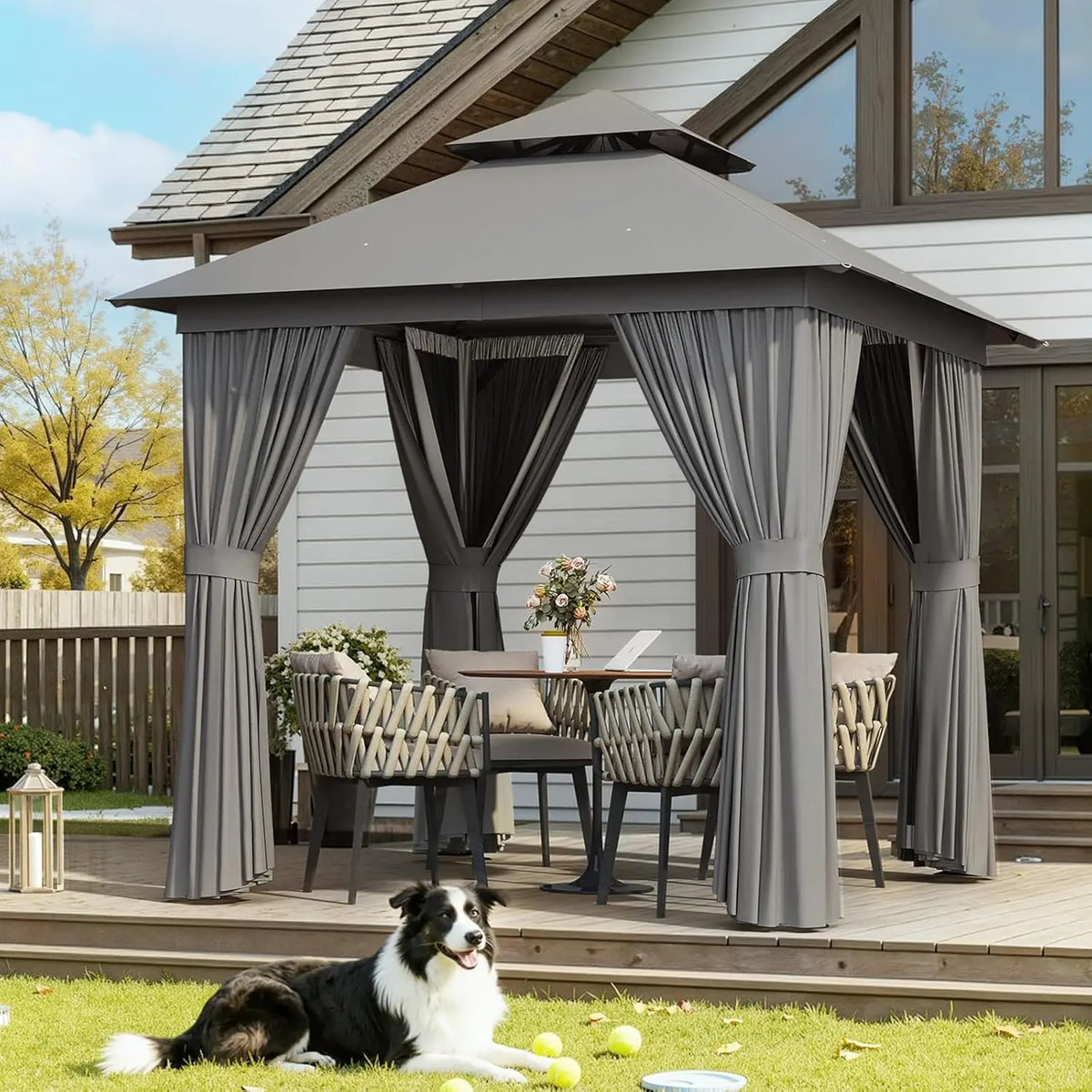 tu- Outdoor Gazebo Metal Frame Double Roof Heavy Duty Mosquito Netting Privacy Screen Patio Garden Lawn Deck, Custom-