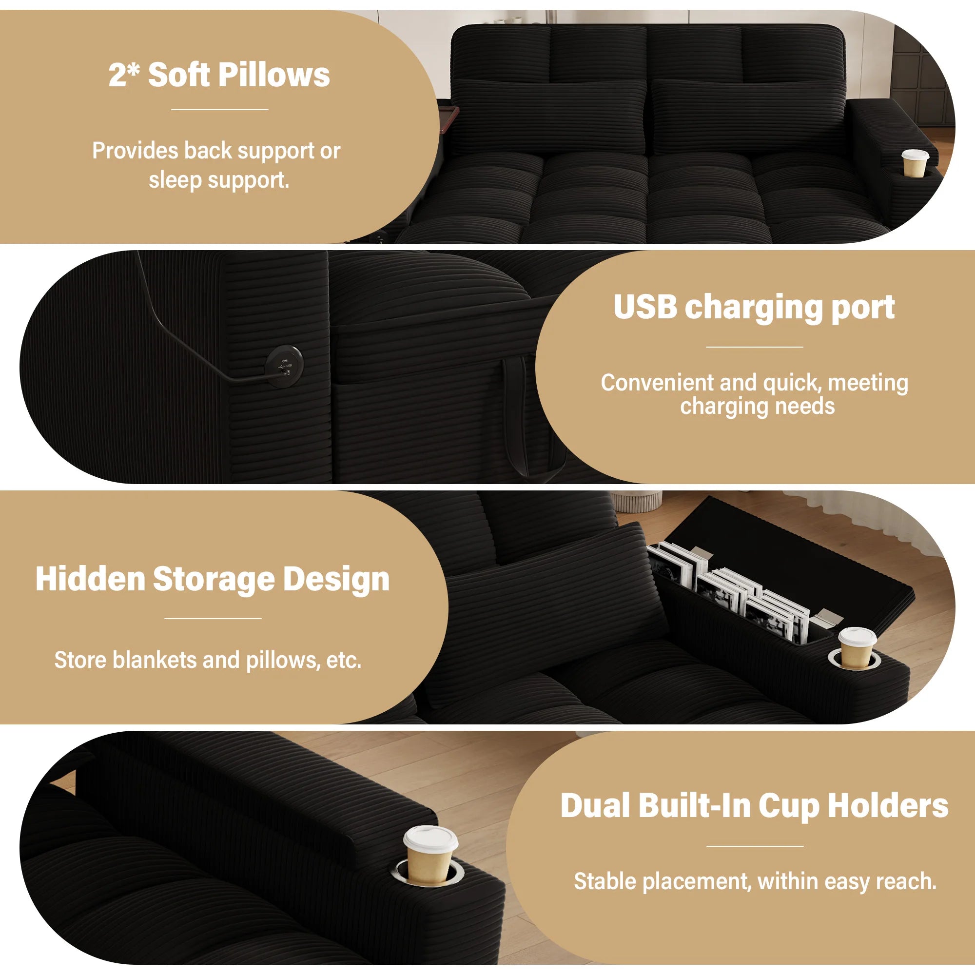 65" 3-in-1 Folding Convertible Sofa Bed with 360° Swivel Side Table, Pull Out Couch USB Charging, Modern Corduroy Chenille, Black
