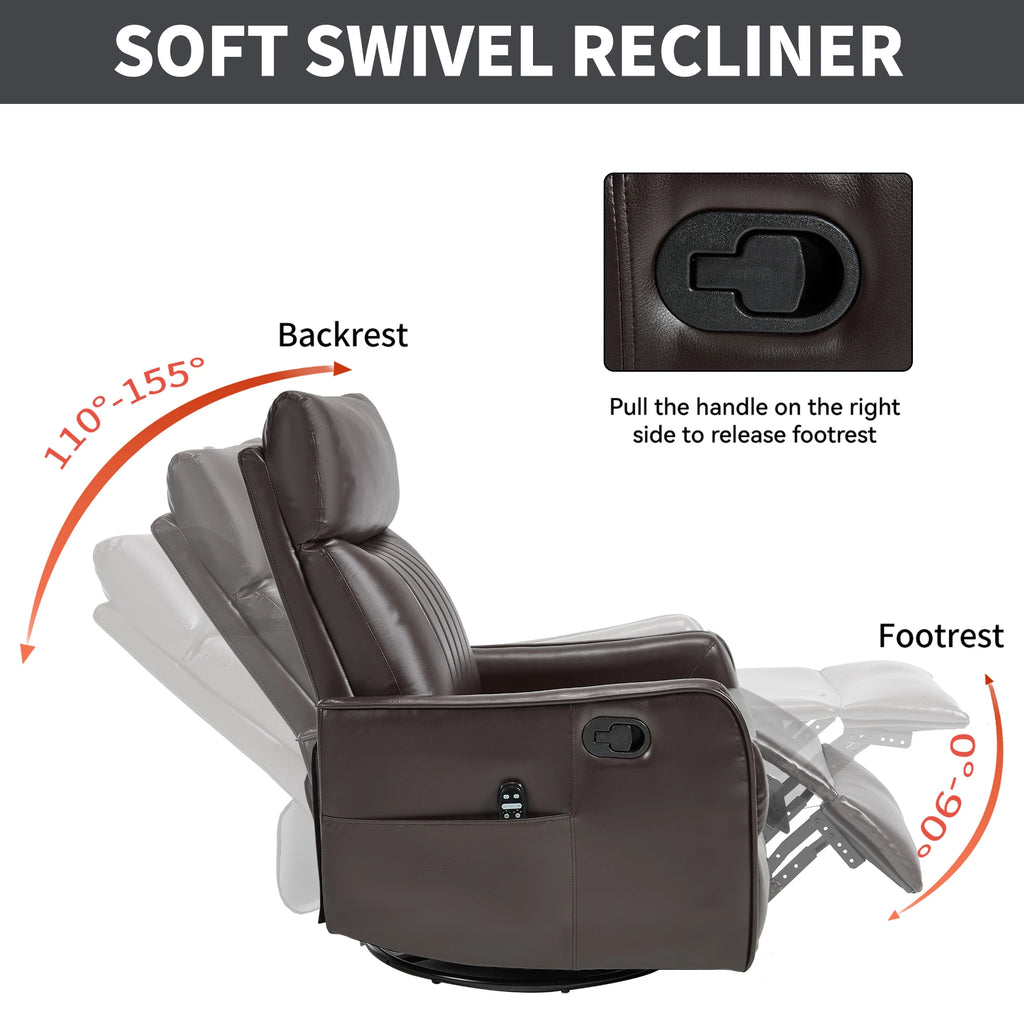 Manual Recliner Chair with Heat & Massage, Brown Faux Leather Rocker Swivel Accent Chair for Living Room