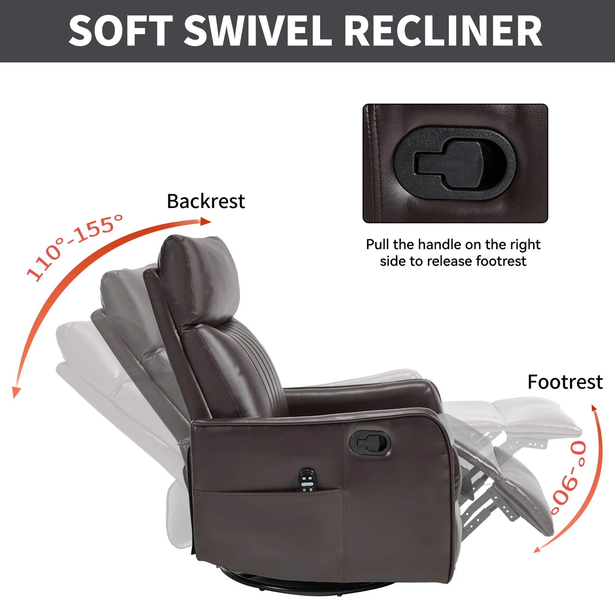 Manual Recliner Chair with Heat & Massage, Brown Faux Leather Rocker Swivel Accent Chair for Living Room
