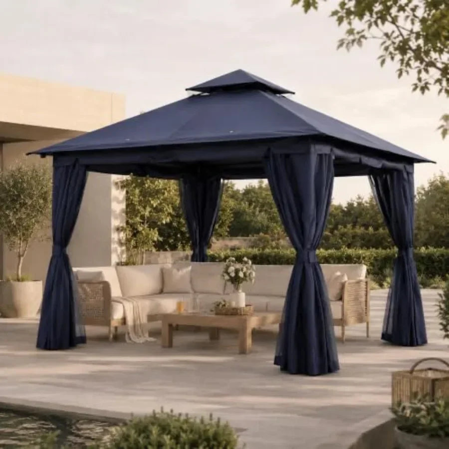 10'x13' Outdoor Gazebo, Heavy Duty Metal Patio Canopy Tent Shelter with Double Roof, Mosquito Netting and Privacy Curtains for