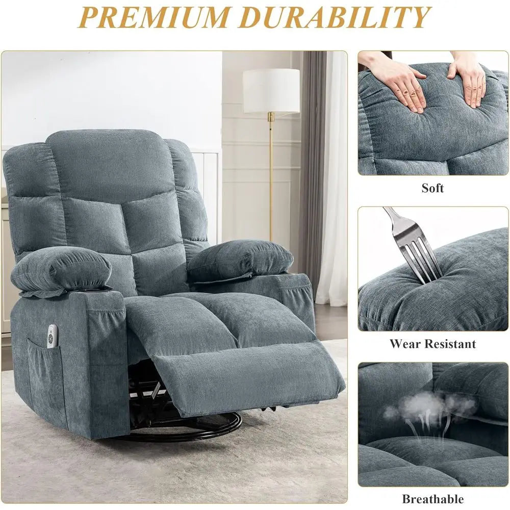 Large Oversized Swivel Massage Recliner with Lumbar Heat, Cup Holders, and USB Port
