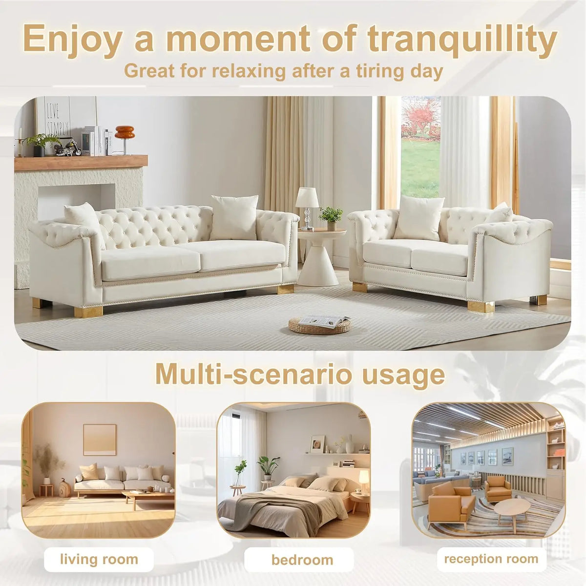 #2 Pieces 84" 3-Seater + 62" Loveseat Beige Velvet Sofa Sets, 4 Cushion Classic 6.5" Rolled Arm Modern, Customized