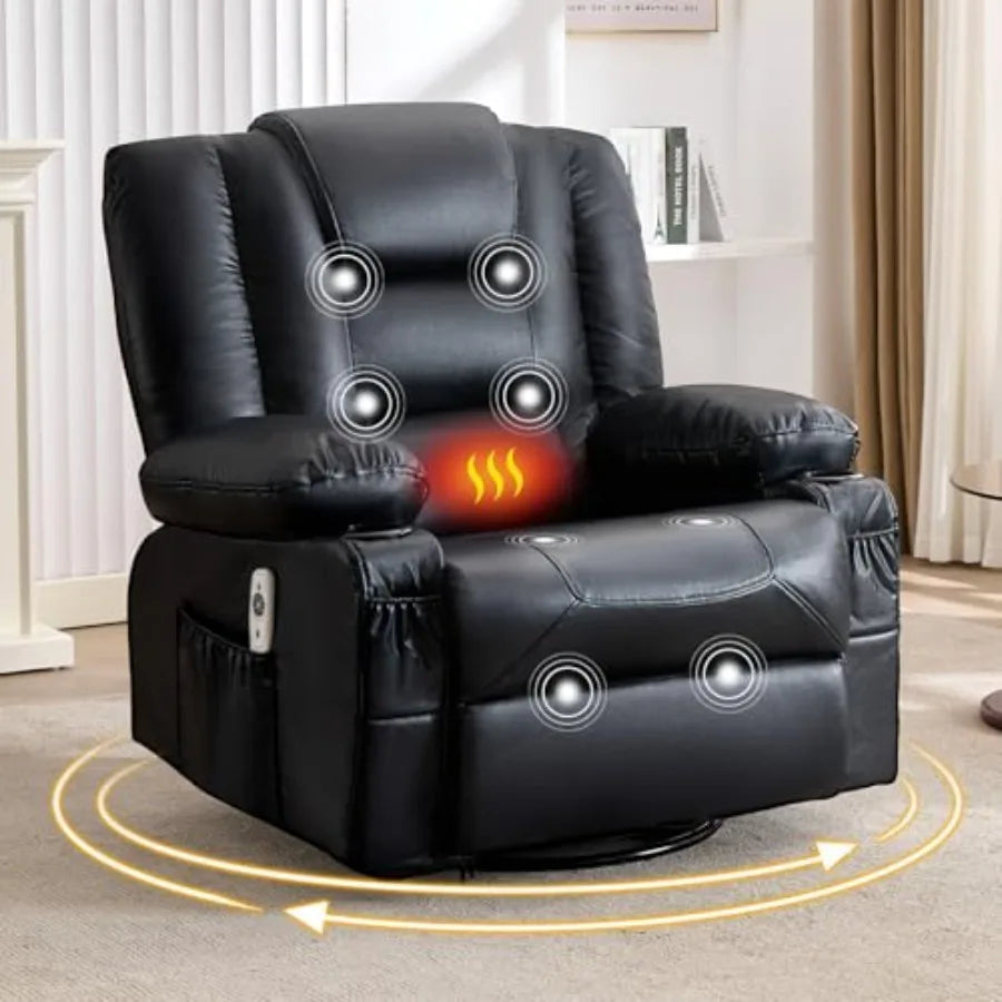 Swivel Rocker Recliner Chair with Vibration Massage and Heat for Living Room, with Rocking Function and Side Pocket, PU Leather