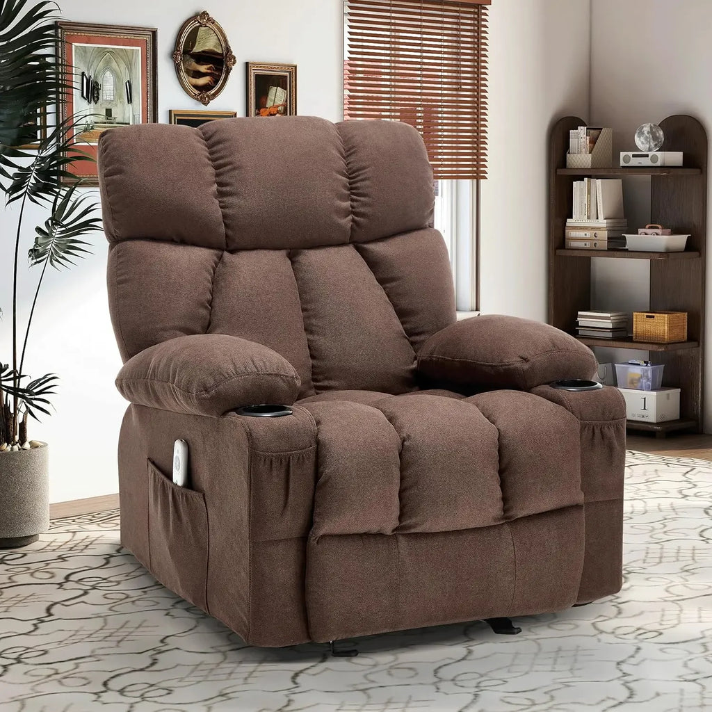 Brown Fabric Massage Recliner Rocker Ergonomic Chair Heat Vibration USB Cup Holders Side Pocket