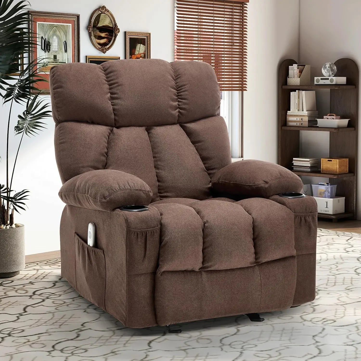 Brown Fabric Massage Recliner Rocker Ergonomic Chair Heat Vibration USB Cup Holders Side Pocket
