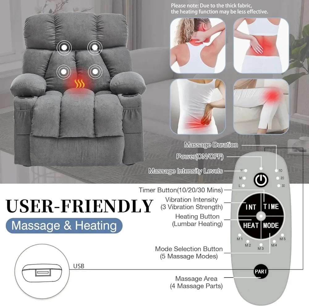 Massage Recliner Chair with Heat & Vibration, USB Port, Cup Holders - Grey Rocking Lounge Chair for Living Room