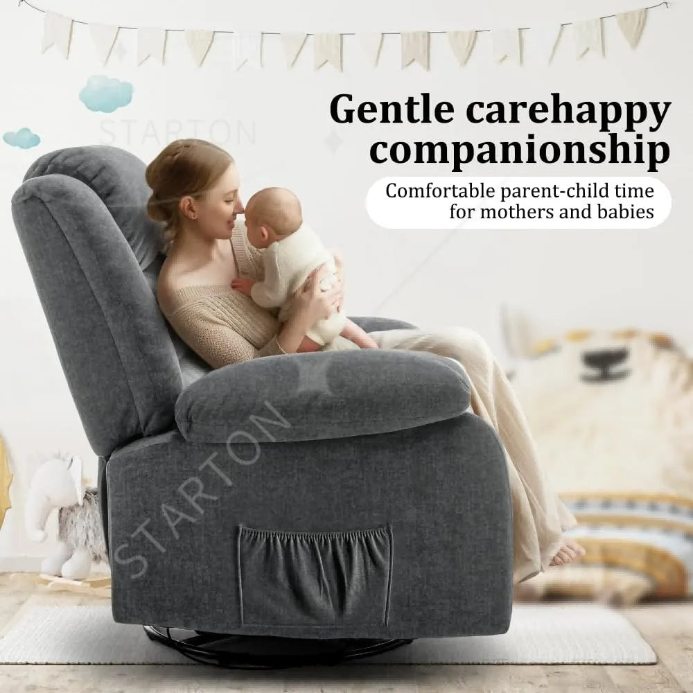 Luxury Reclining Chairs, Spacious Rocking Seats, Massage Heat Function, Full Rotation Nursery Rocker