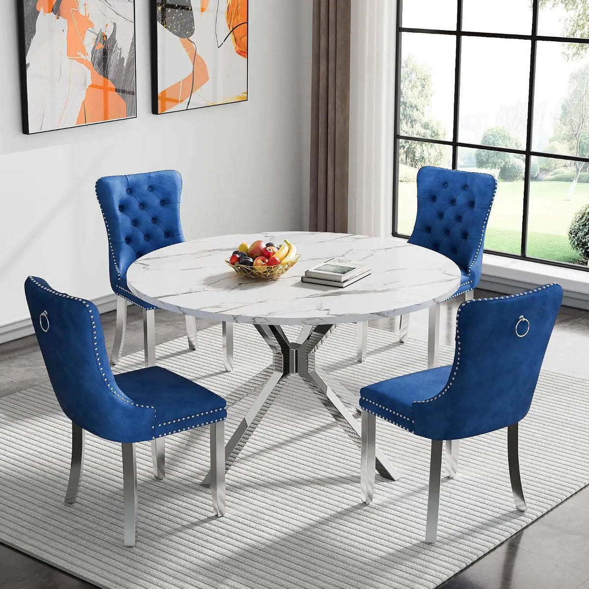 4-Seat Round Dining Table Set, 47" White Faux Marble Table with 4 Beige Velvet Tufted Chairs, Gold Stainless Steel, Customized