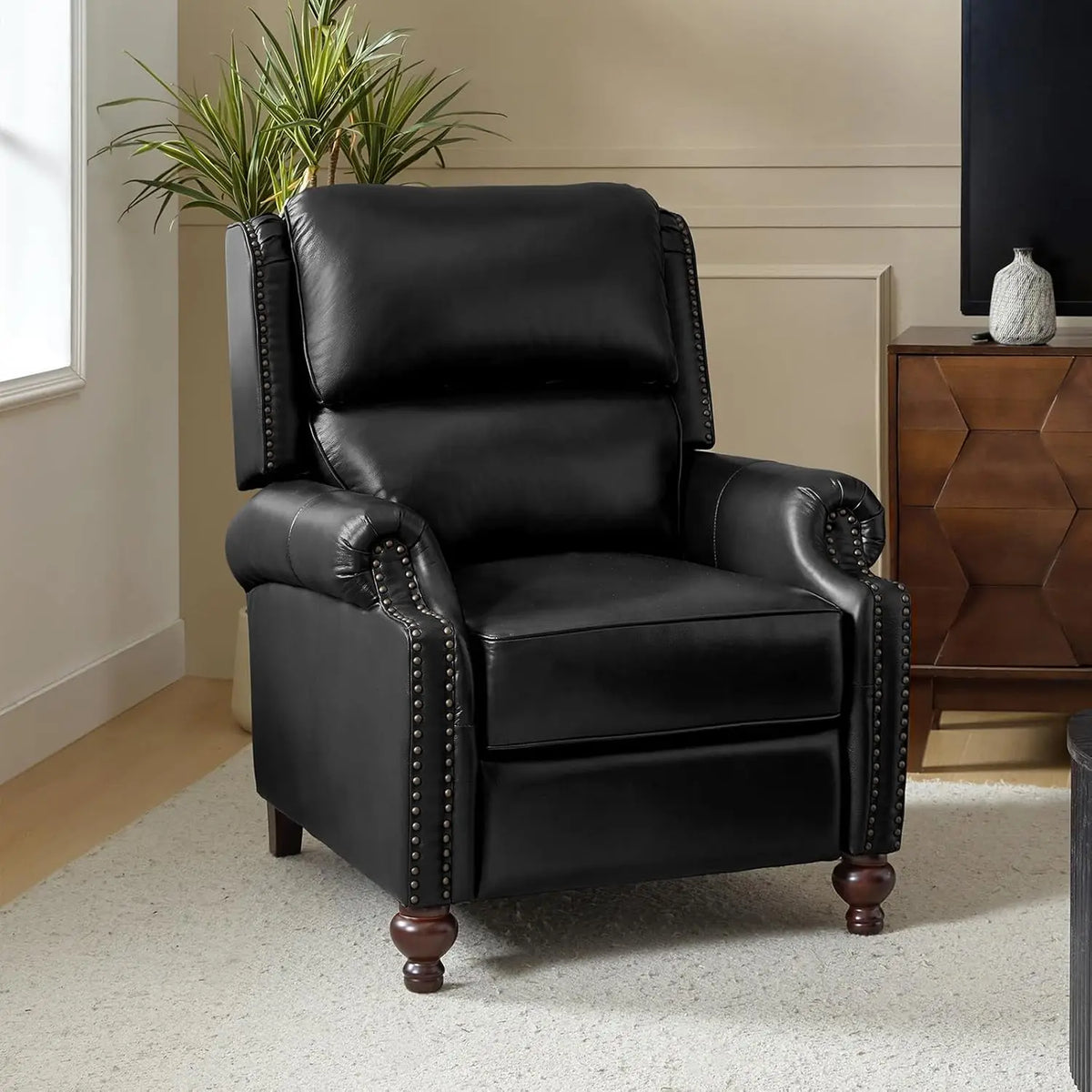 #Genuine Leather Wingback Recliner Thick Cushioned Seat Push Back Nailhead Trim Living Room Chair, Customized