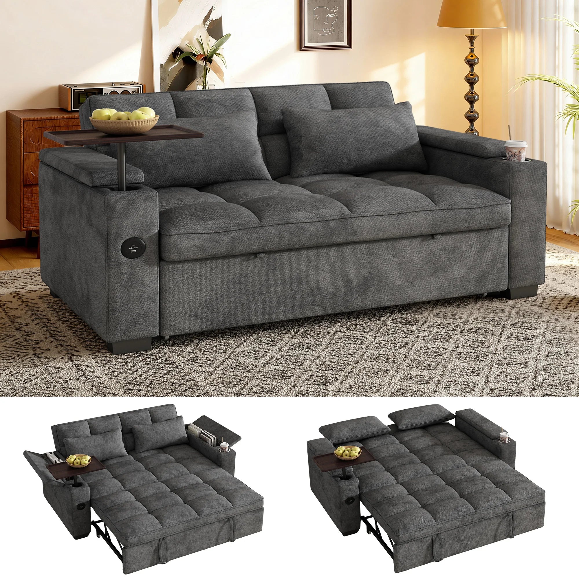65" 3-in-1 Folding Convertible Sofa Bed with 360° Swivel Side Table, Pull Out Couch USB Charging, Modern Corduroy Chenille, Black