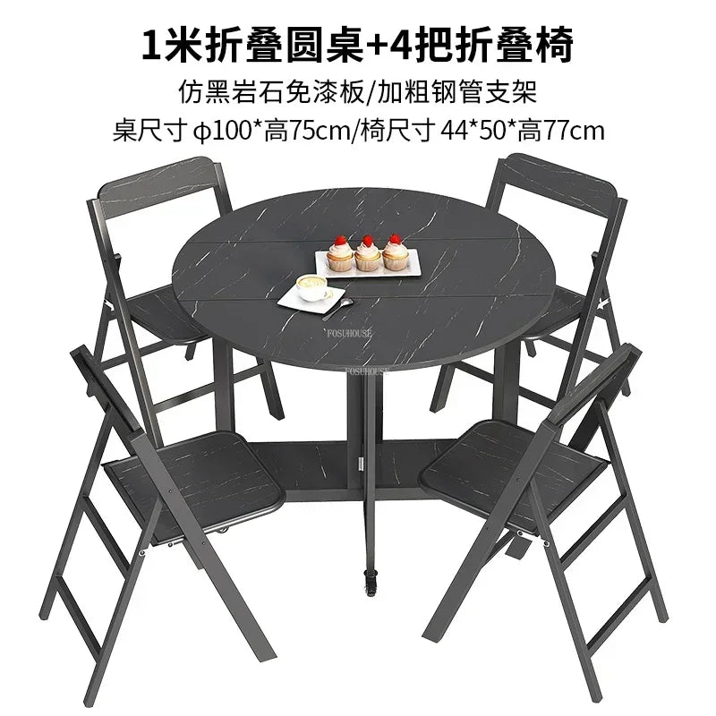 Home Folding Dining Table Set with Chairs Mobile Round Furniture Modern Kitchen Living Room Light Luxury Simple Portable