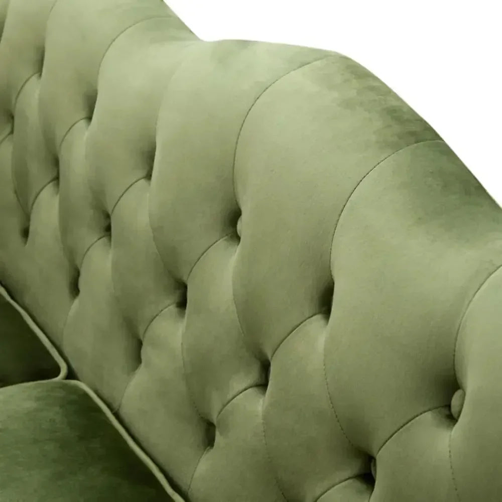Green Velvet 3-Seater Sofa with Button Tufted Cushions, Gold Trim, and Solid Wood Legs for Living Room or Dorm