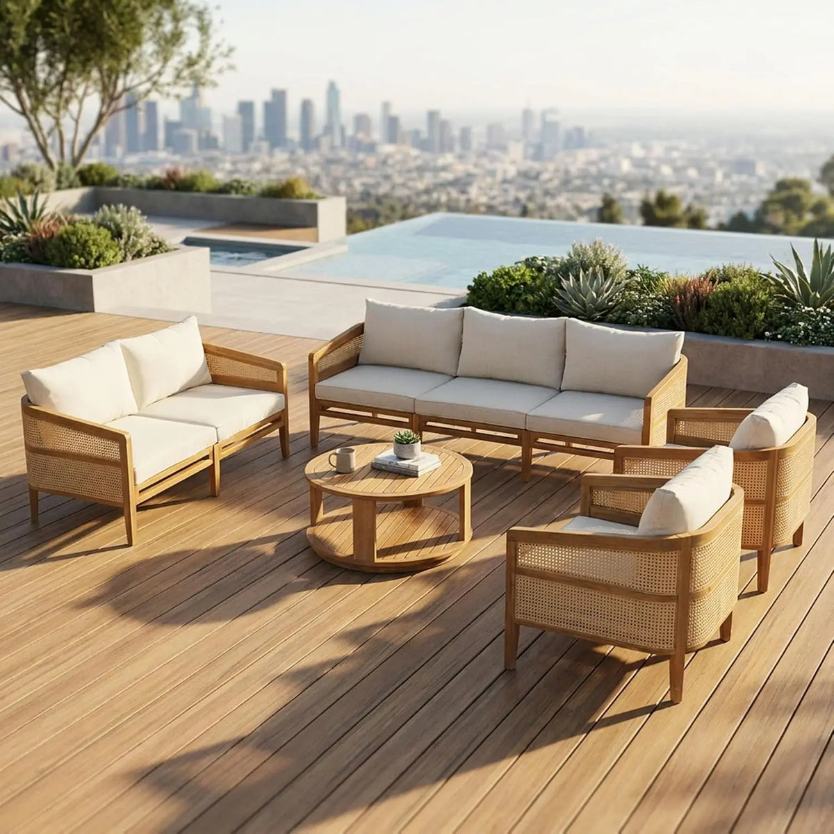 4-Piece Patio Set, All Weather Sectional w/ 2 Chairs, Loveseat & Table, Acacia Wood Outdoor Furniture with Cushions, Customized