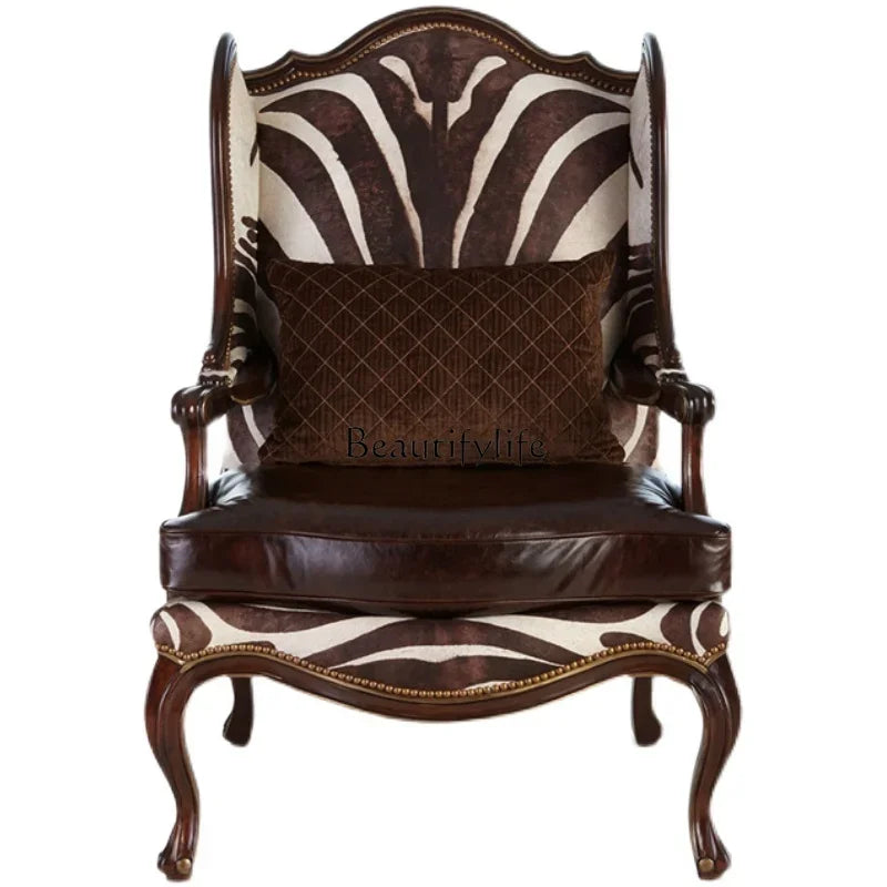 American solid wood single sofa chair simple grain leather art high back living room balcony leisure chair furniture