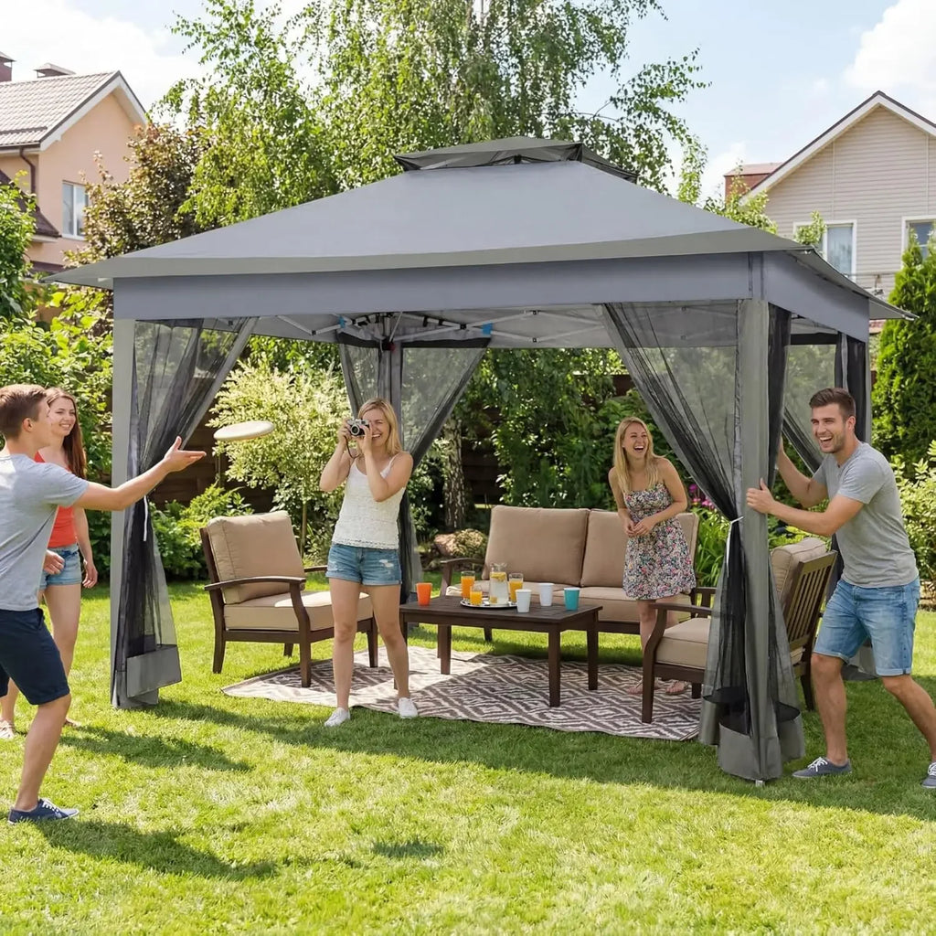 11x11 Pop Up Gazebo with Netting, Canopy Tent, Gray