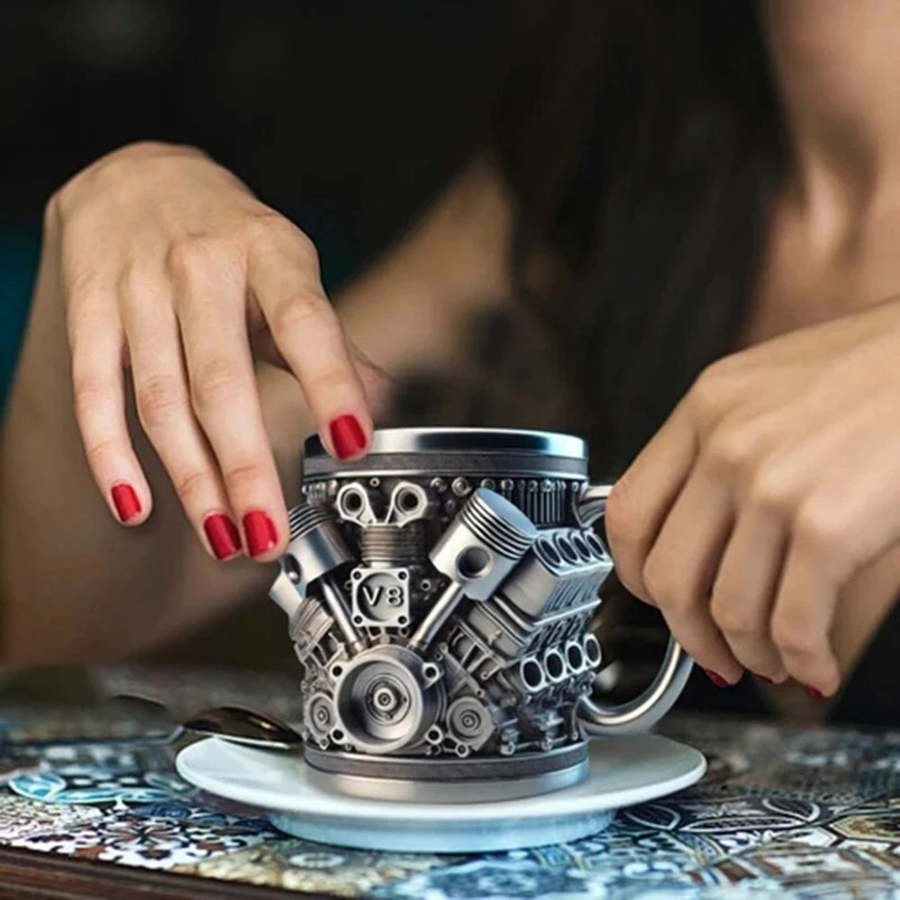 Coffee Mug Personalized Stainless Steel Mug Engine Design Punk-Style Drinking Cup Double-Wall Insulated Cup For Car Enthusiasts