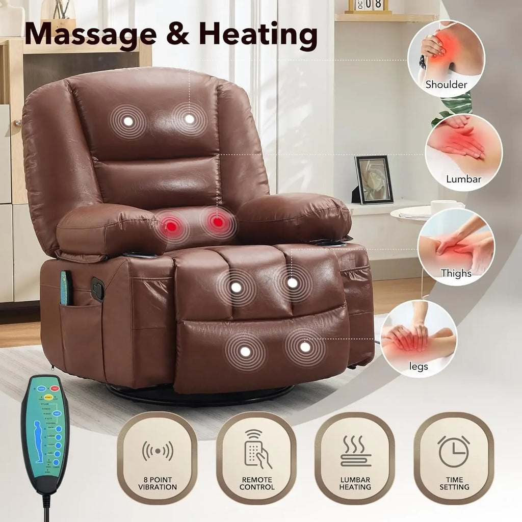 Brown 360 Swivel Rocker Heat Vibration Massage Oversized Wide Recliner PU Leather Manual Adult Chair With Cup Holders Side Pocke