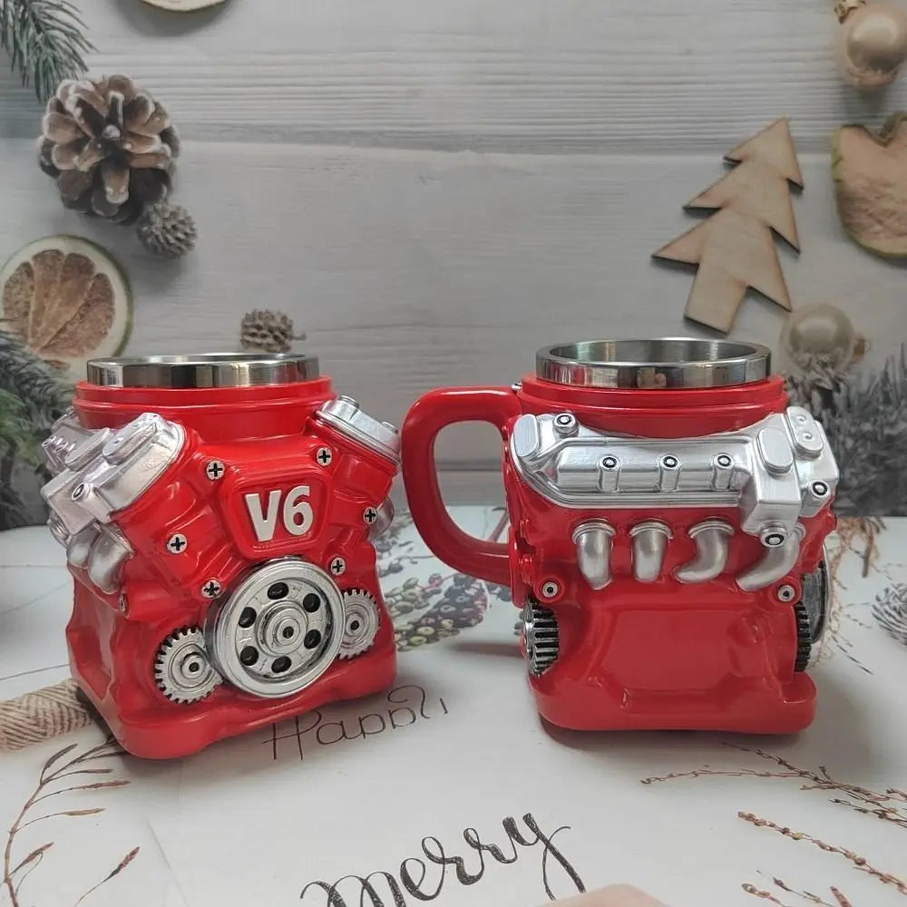 Retro Engine Coffee Mug with Handle 300ML 15oz V6 Engines Stainless Steel Cup Realistic Design Double Wall Insulation Car Mug