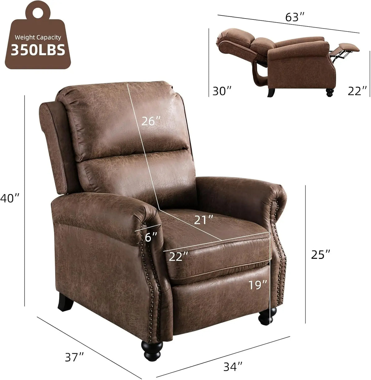 Pushback Recliner Chair Faux Leather Armchair Push Back Recliner with Rivet Decoration Single Sofa Accent Chair for Living Room,