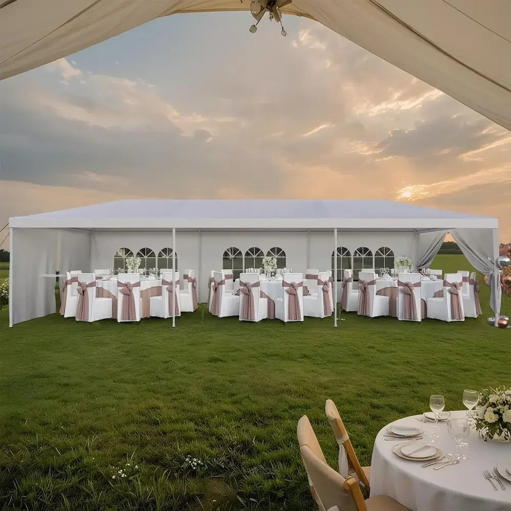 Large 10x30 Outdoor Waterproof Party Tent with Removable Sides & Doors for Weddings and Events (White)