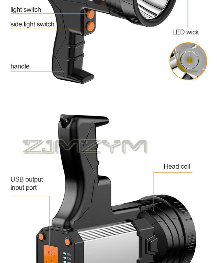 Super Bright Searchlight Powerful Rechargeable Flashlight LED Work Light Long Lasting Spotlight Camping Lantern With Side Light