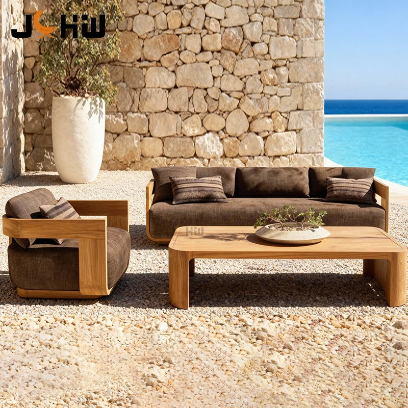 Sofa, with Waterproof UV-resistant Cushion, Outdoor Wooden Furniture, with Customized Service, for Hotel Patio Courtyard Use