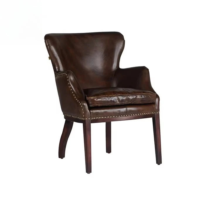 Antique French Rustic Dining Room Chair Brown Genuine Leather Wood Accent Chair Mid Century Vintage Leather Dining Chair