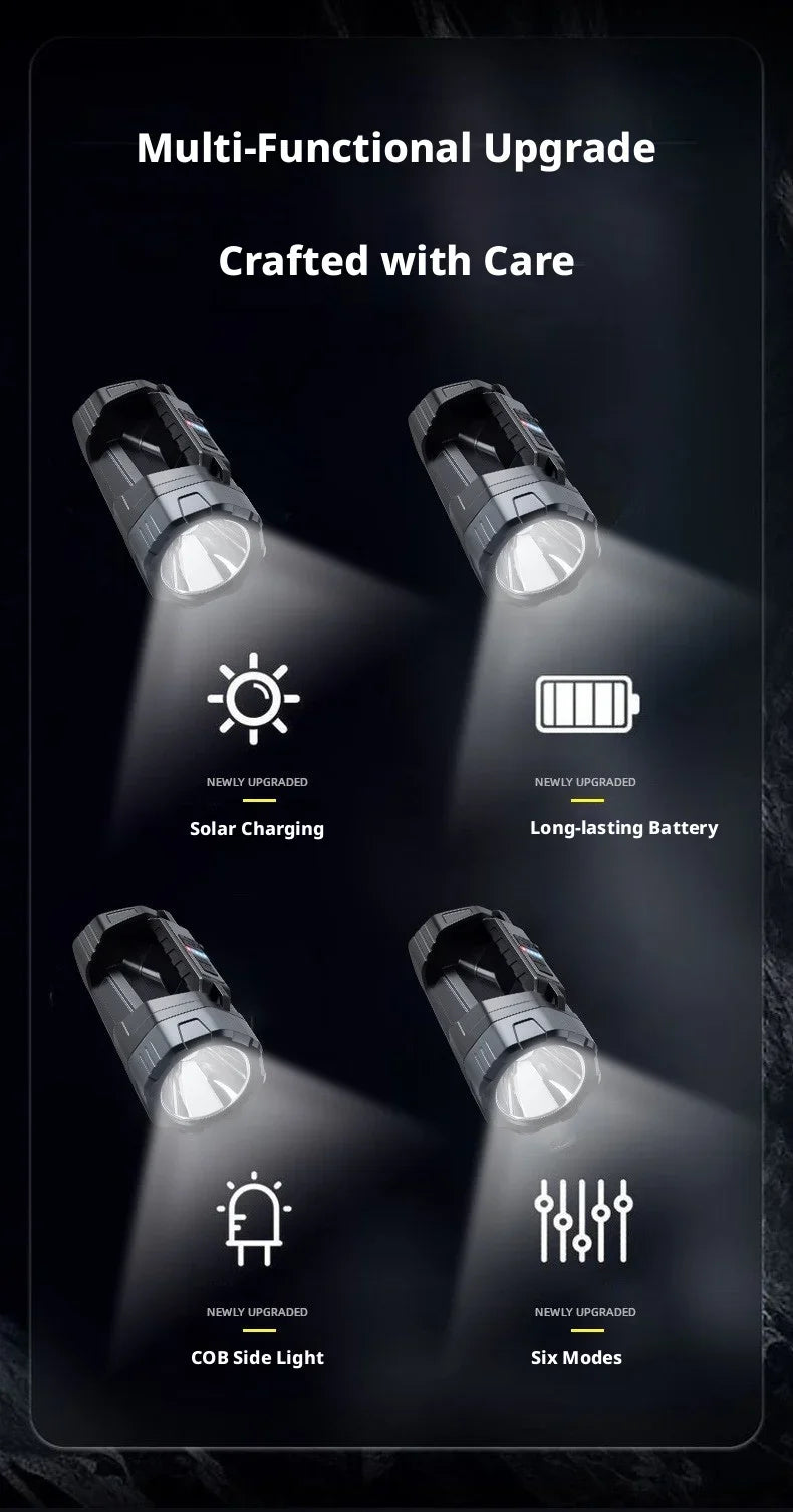 Solar Powered High Power Flashlight, Portable Ultra-Bright Strong Light Flashlight with Long Endurance Battery for Home Outdoor