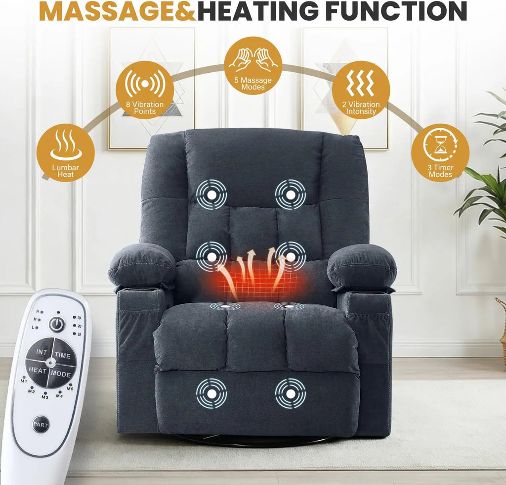 Recliner Chair with Vibration Massage and Lumbar Heat for Living Room, Oversized Ergonomic Swivel Rocking Chair, Featuring Side