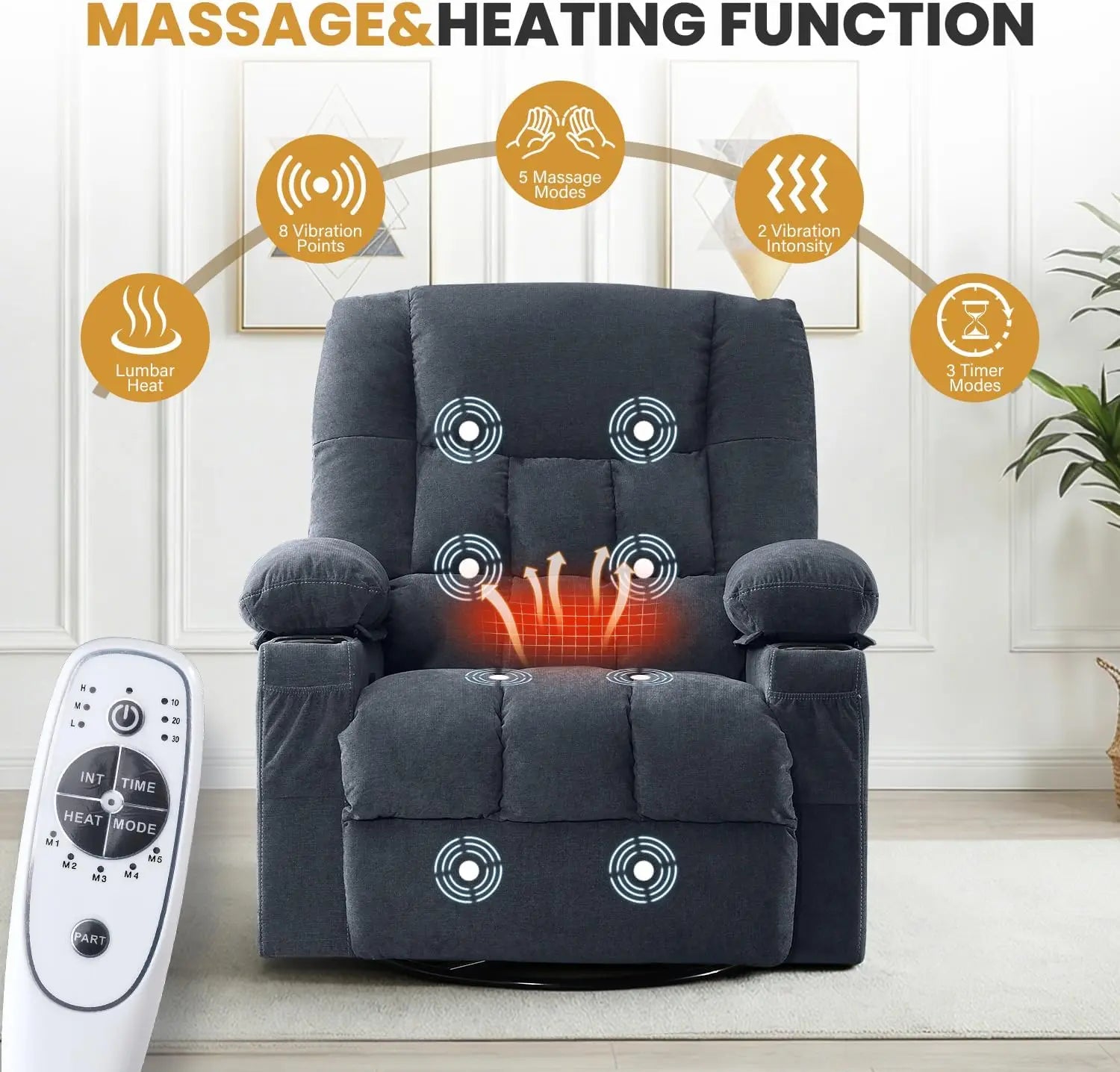 Recliner Chair with Vibration Massage and Lumbar Heat for Living Room, Oversized Ergonomic Swivel Rocking Chair, Featuring Side