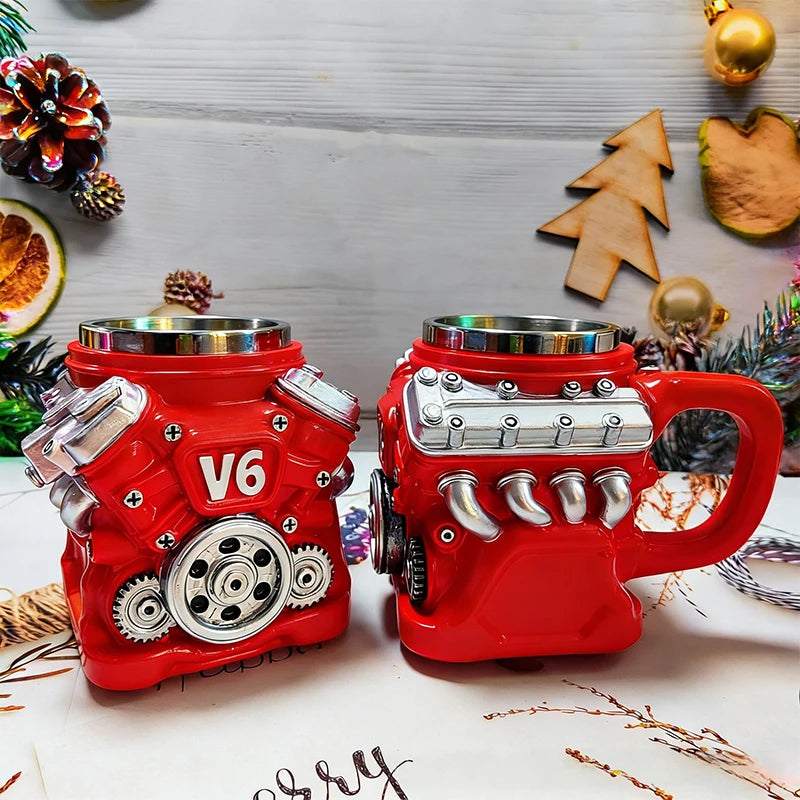 V8 Engine Coffee Mug, Retro Engine Coffee Mug V8 Stainless Steel Cup Double Wall Insulation With Handle For Car Enthusiast Gift