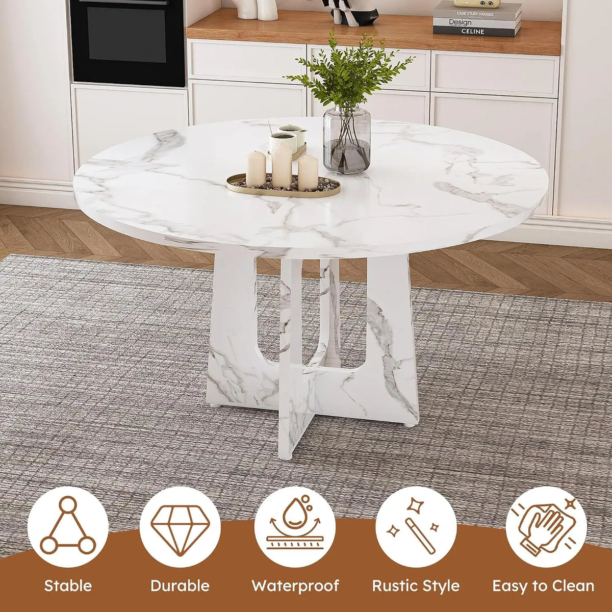 47" Round Farmhouse Dining Table Set, White Faux Marble with 4 Blue Velvet Chairs, Wooden Kitchen & Dining Furniture, Customized