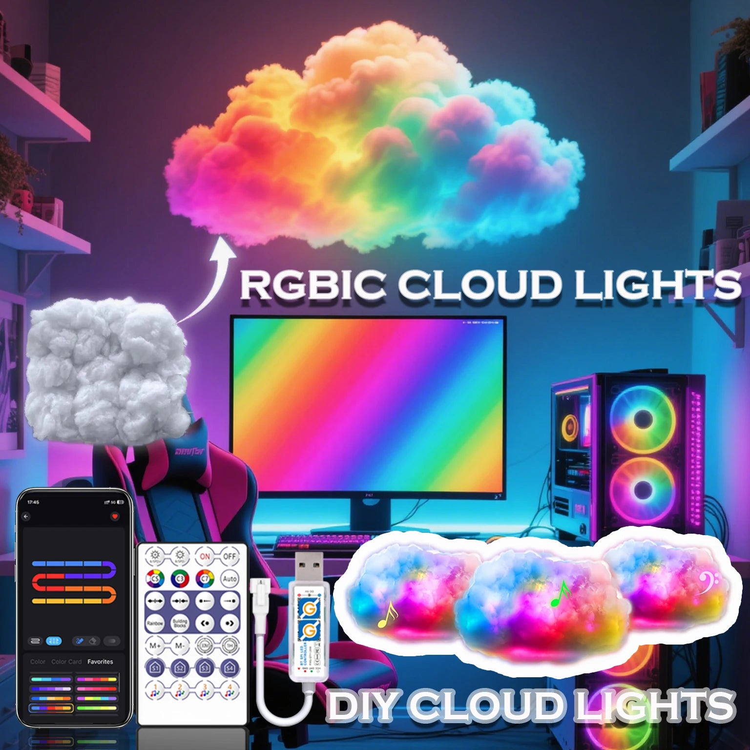 3D Cloud Lighting Light Kit with Music Sync, Multicolor RGBIC LED Strip Lights, Remote & APP Control, Mood Lighting for Bedroom
