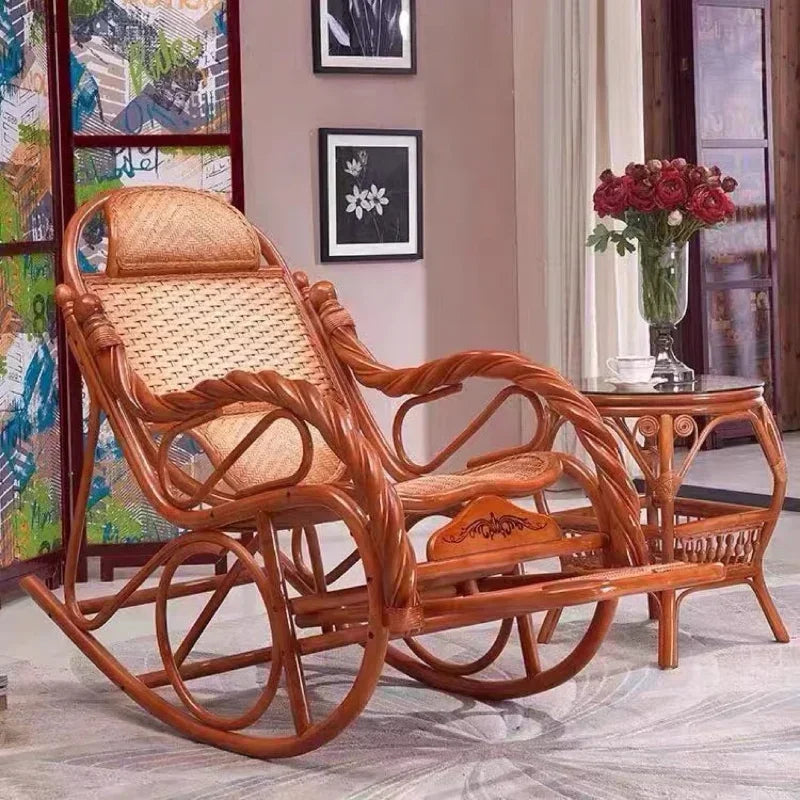 HHhot Sale Luxury Rocking Chair With Cushions Rattan Wicker Furniture Indoor Living Room Recliner Modern Easy Chair